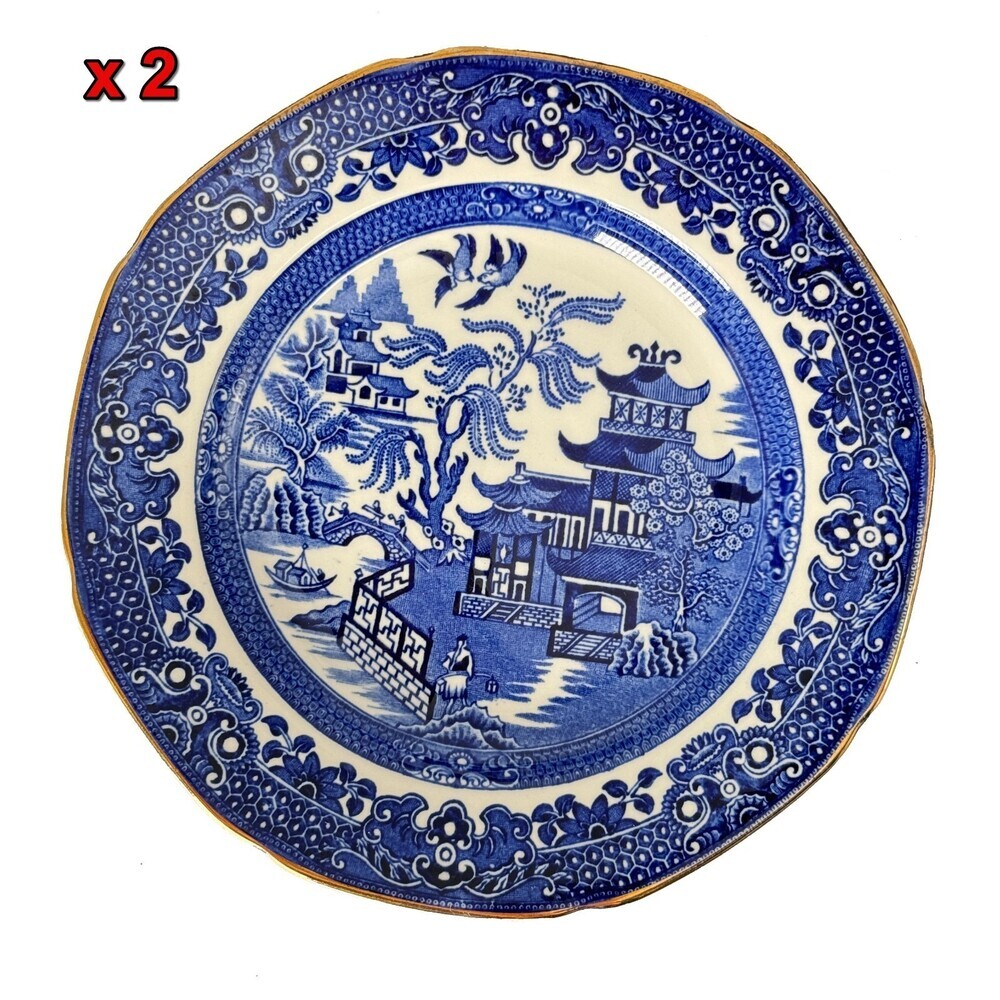2 Burleigh Ware Blue Willow Coffee Cup Saucer Plate Dinnerware Tableware UK 7"